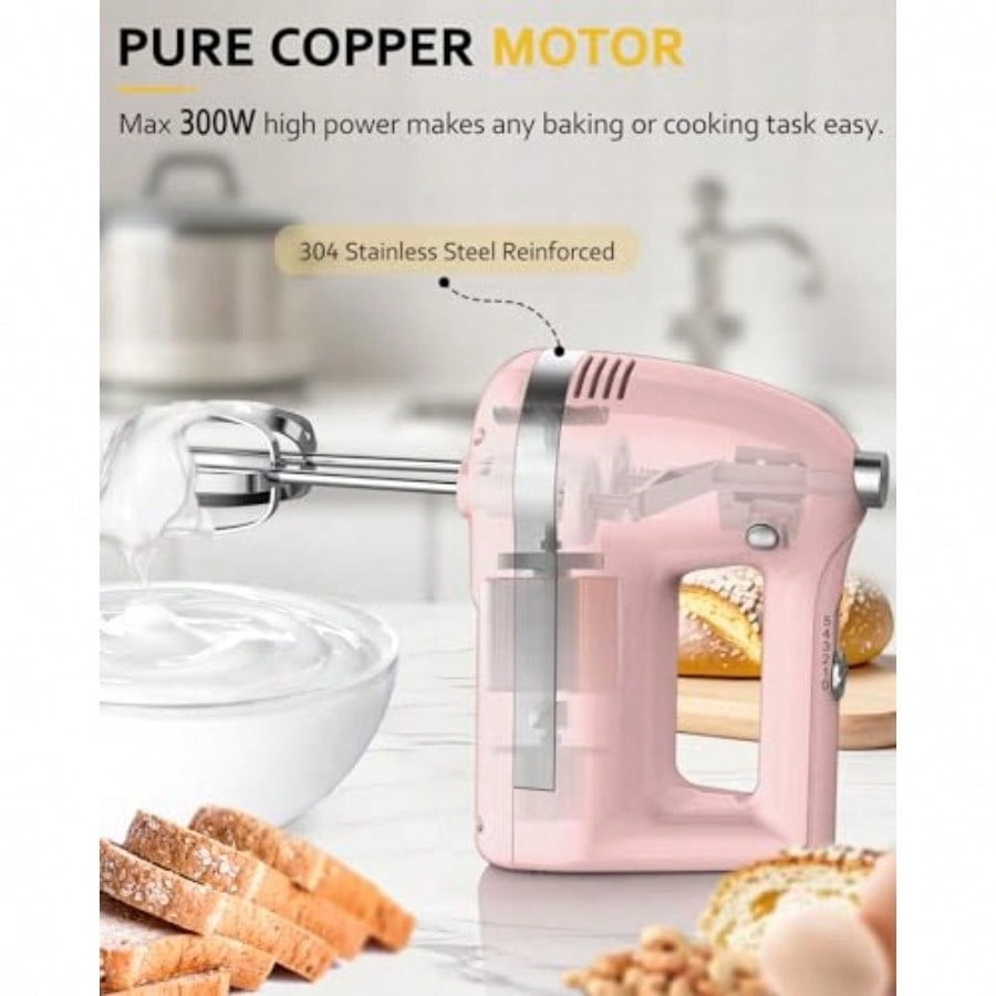 Electric Hand Mixer Powerful 300W Hand Mixer Electric Handheld with 304 Beaters Dough Hook Hand Held Mixer with Turbo for Baking Cakes Eggs Cream Food Pink