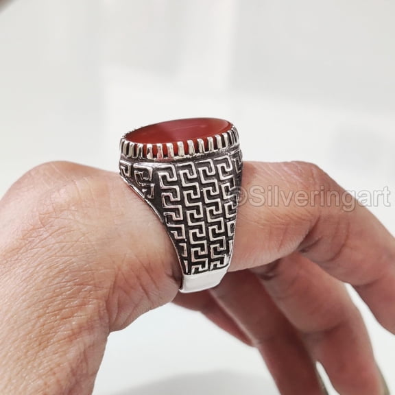 Carnelian Mans Ring, Natural Carnelian Gents Ring, Birthstone Silver Jewelry, 925 Silver Ring, Birthday Gift, Heavy Mens Ring, Arabic Design, Oxidized Mans Ring, Christmas, Turkey Mens Signet Ring