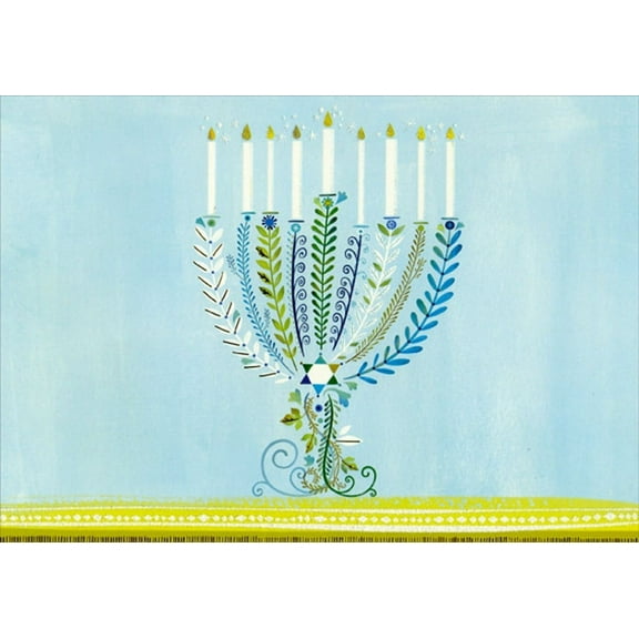 Designer Greetings Menorah of Thin Stems and Leaves and Gold Tabletop on Light Blue Box of 15 Hannukah Cards