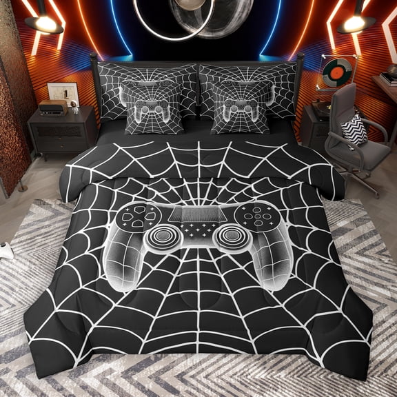 Manfei Kids Silver Gamepad 7-Piece Twin Bedding Sets,Game Gamer Bedding Comforter Set,Modern Video Game Sheet Sets For Boys Kids,Ultra Soft Home Decor Reversible