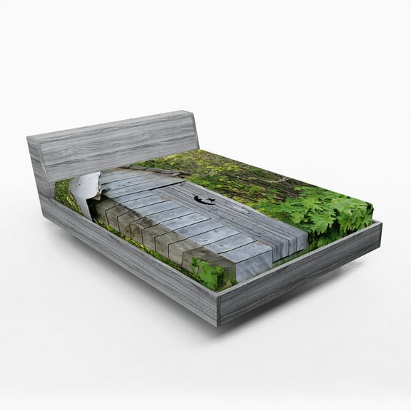 Ambesonne Outhouse Fitted Sheet, Farm Cottage Forest, Queen Size, Pale Grey and Fern Green