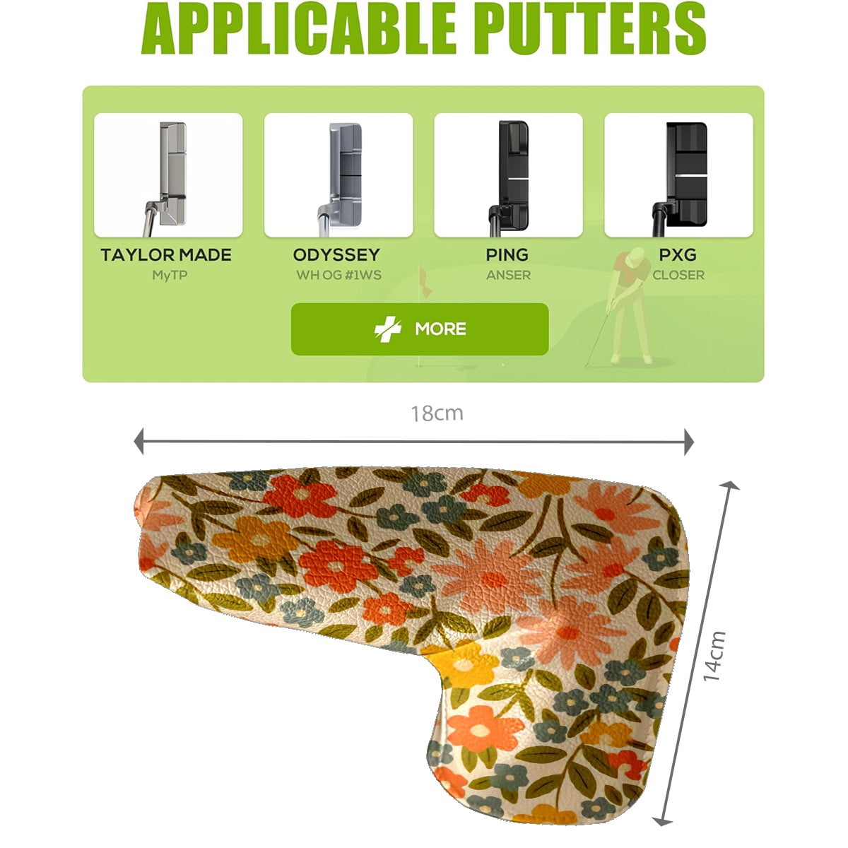 Golf Club Head Cover | Leather Golf Club Putte Headcover , Waterproof Golf Club Head Cover Set Driver Headcovers for Golf Clubs Men Women Pink Orange Flowers Pattern Printing