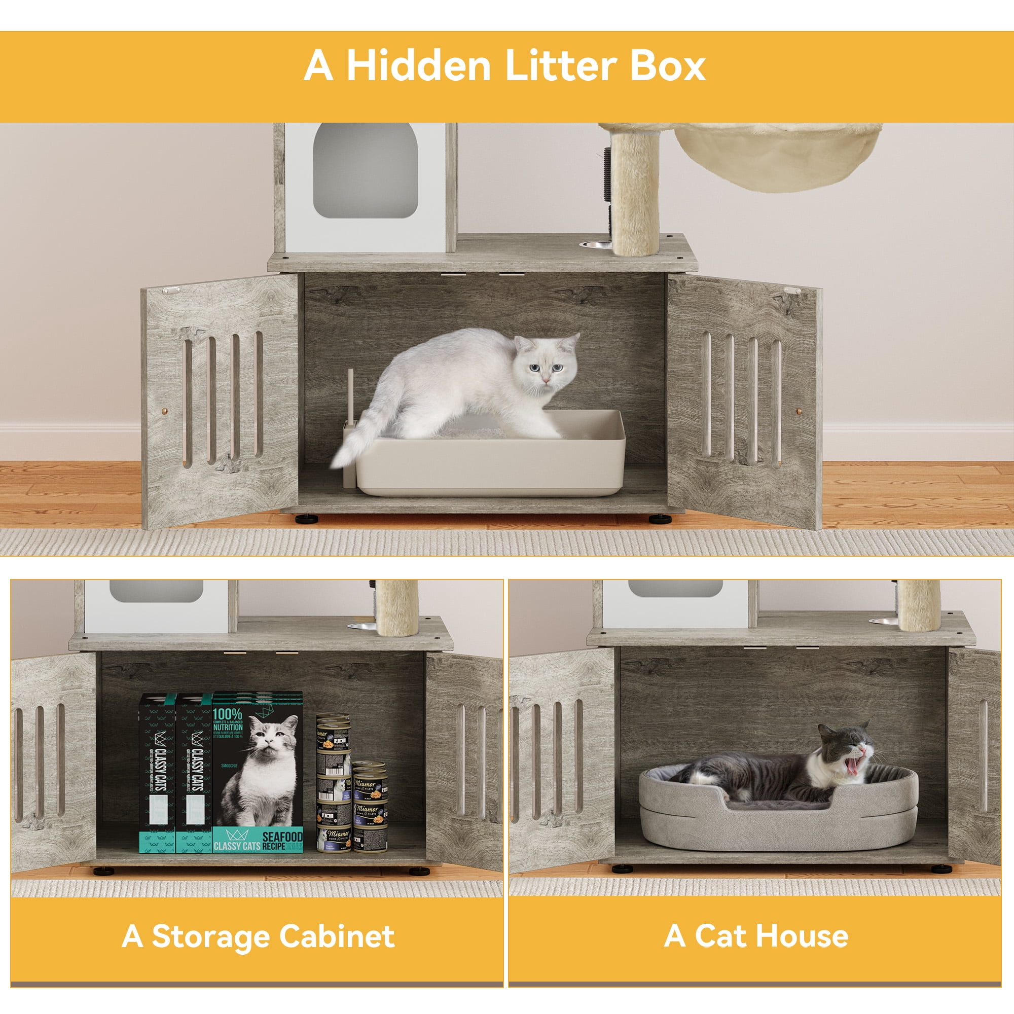 Dextrus 2-in-1 Cat Furniture Condo, 59" Cat Tree Multi-Functional Cat Tower with Litter Box Enclosure, Wood House, Scratching Post, Feeding Station, Hammocks & Brush - Gray