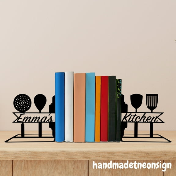 Handmadetneonsign Custom Cookbook Metal Bookends, Chef Name Bookend, Shelf Decor, Kitchen Decor 71407