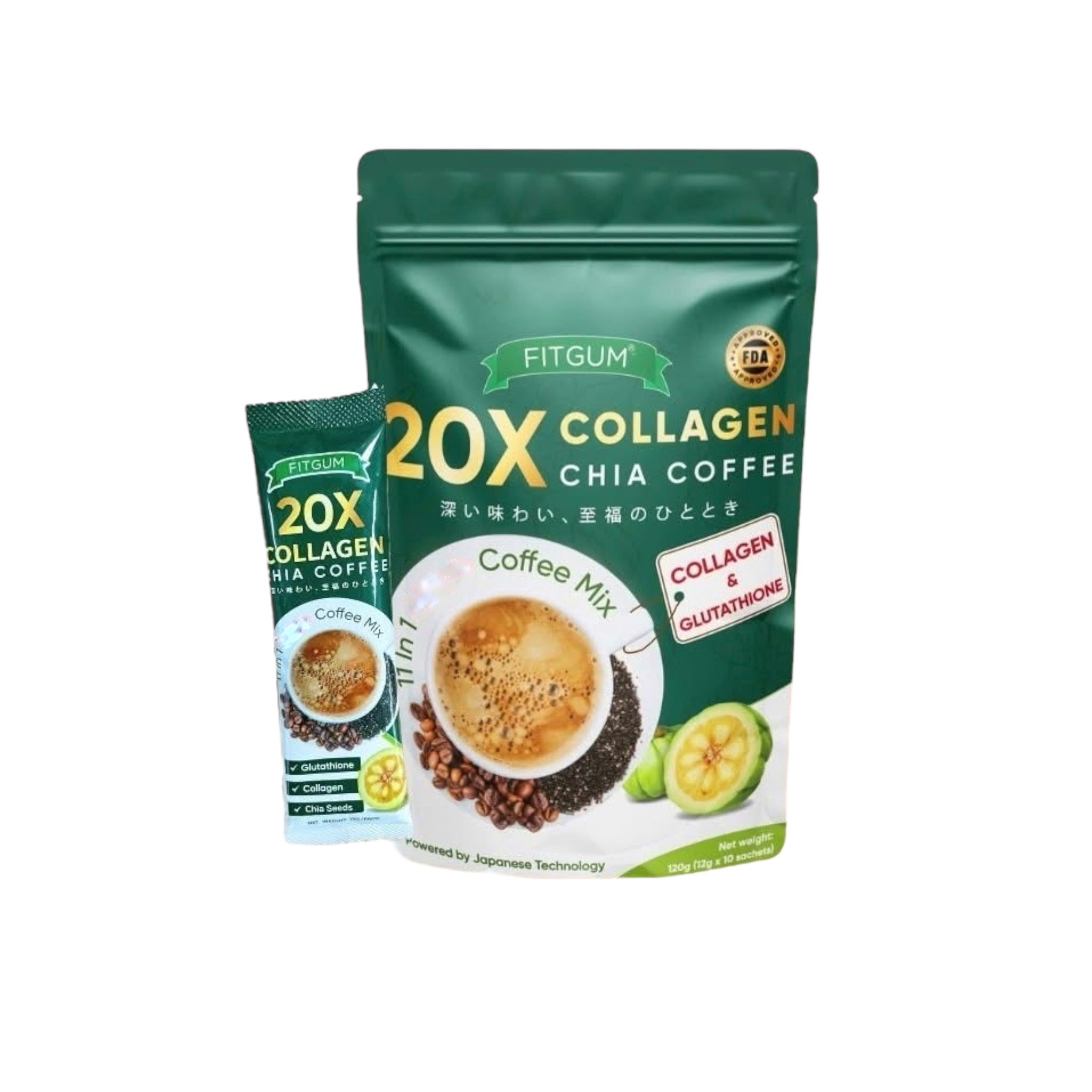 FITGUM 20X Collagen Chia Coffee, 11 in 1 Shape Coffee Mix