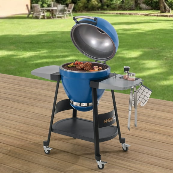 AmberCove 20 Inch Outdoor BBQ Portable Kamado Charcoal Grill with Smoker, Stainless Steel Removable Grate, and Four 2.5-Inch Lockable Universal Wheels