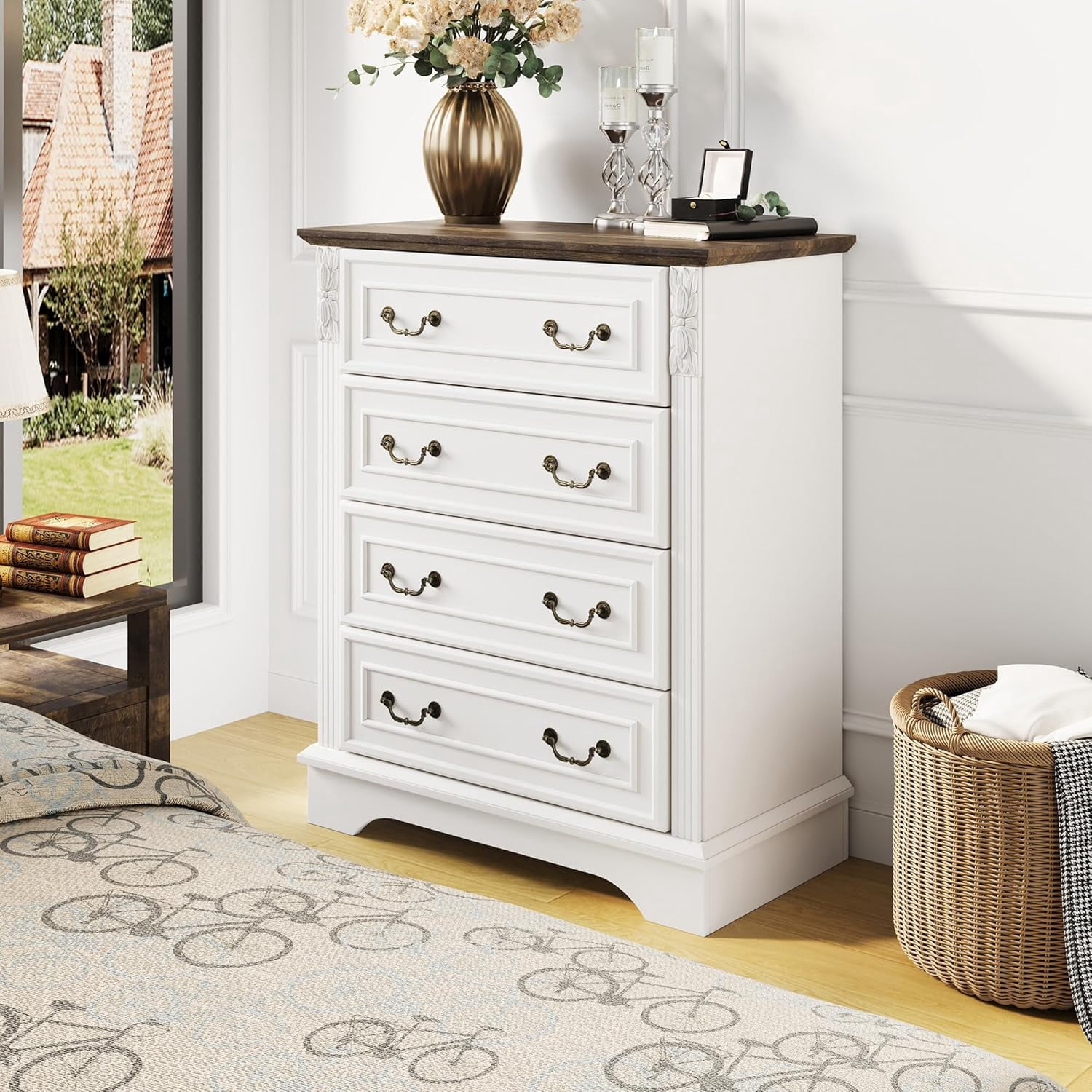 BOSHIRO 4-Drawer Dresser for Bedroom, Farmhouse Carved Storage Chest Organizer with Brown Top, Antique White Finish