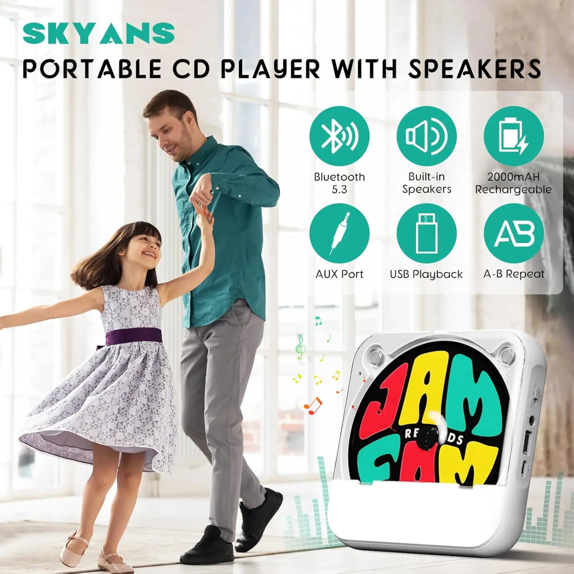 Portable Bluetooth CD Player with LED Display, Rechargeable Battery, 7-Hour Playback, Anti-Shock, Wireless Speaker, FM Radio, USB/SD/AUX – for Home, Car, Outdoor Use