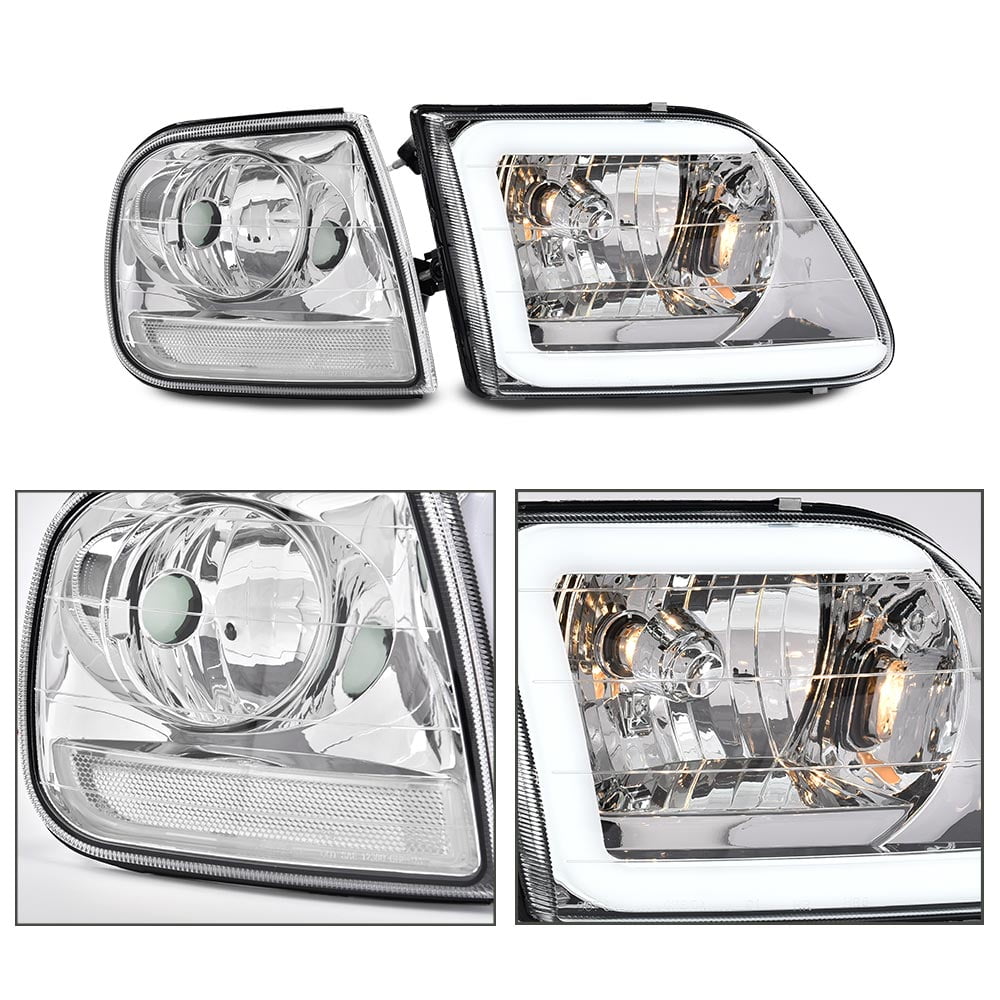 PIT66 Fit For 1997-2004 Ford F150 C STYLE LED Strip Headlights Headlamps Clear/Chrome
