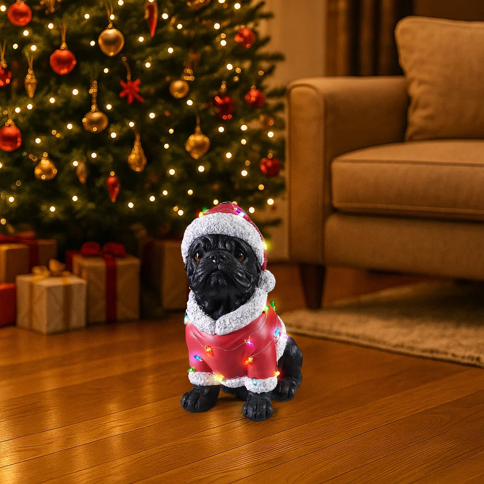 Pug Santa Outfit Christmas Dog Statue with Santa Hat Bulb Accents Holiday Tabletop Decor