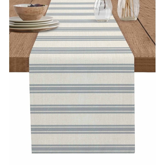 Hokiten Table Runners 70 Inches Long Dress Scarves, Blue Stripes Farmhouse Coffee/Dining/Kitchen Table Decor, Holiday Table Runner, Modern Minimalist Striped Farmhouse Beige 13x70 Inch