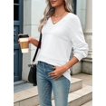 thumbnail image 4 of Women Fall Sweaters Casual Long Sleeve Ribbed Knit V Neck Light-Weight Crochet Pullover Sweater Solid White M, 4 of 7