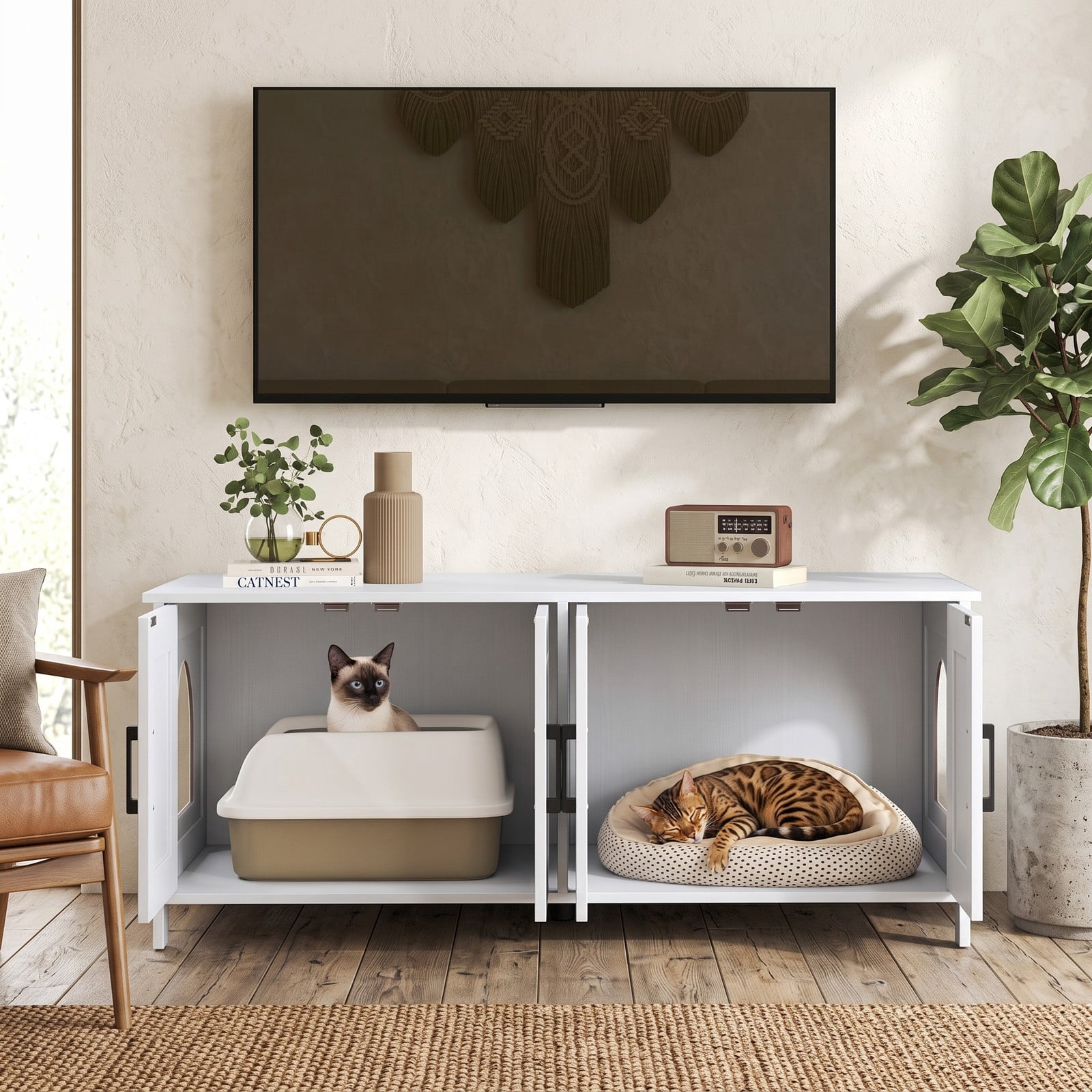 ALPULON Cat Litter Box Enclosure for 2 Cats Modern Kitty Litter Box Furniture Cabinet Hidden Washroom Side Table with Barn Doors and Tabletop, White