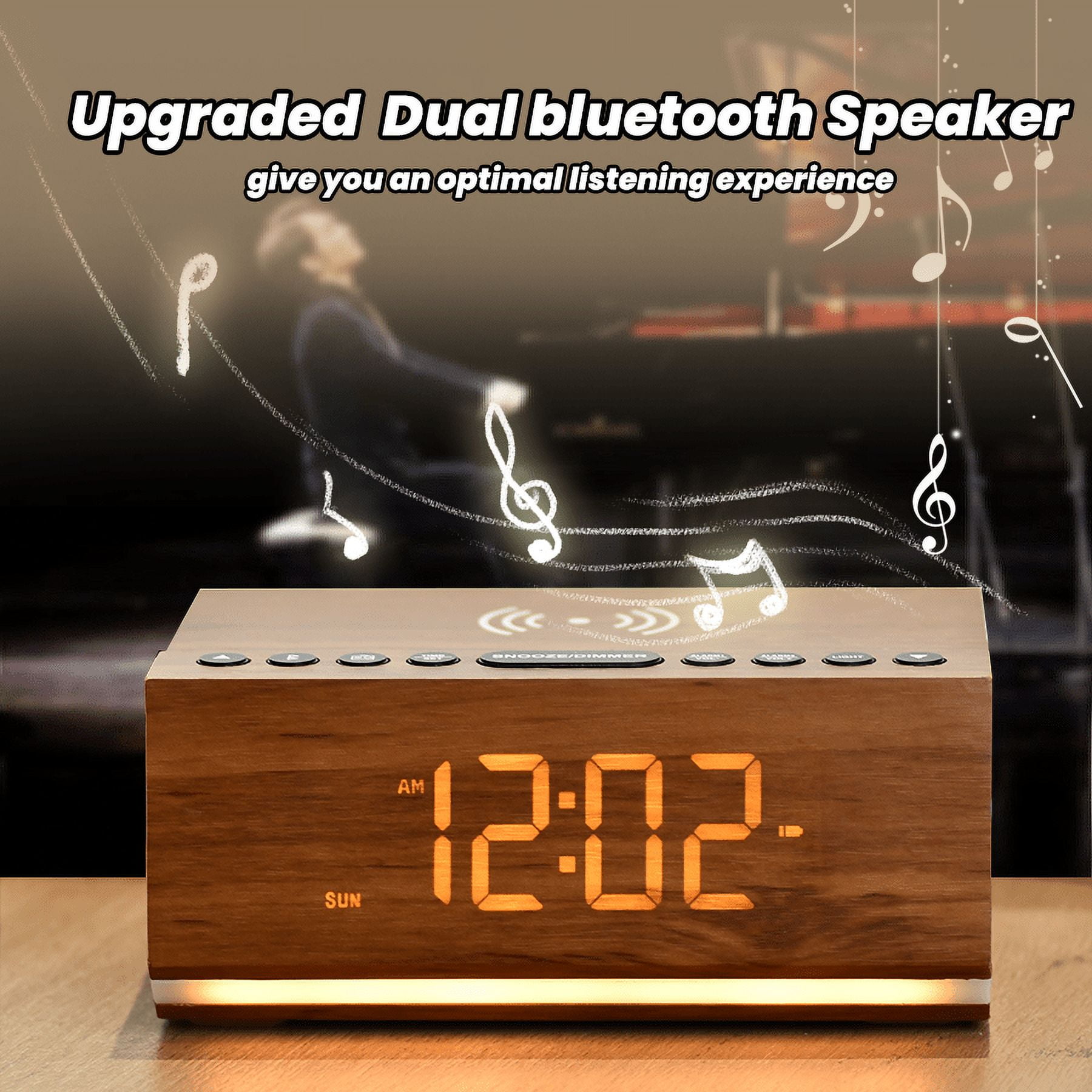 Bluetooth Speaker Wooden Radio Alarm Clock - Dimmable Display for at-a-Glance Clock, Sleep-Friendly Light, Natural Alarm & Premium FM Radio for a Gentle Wake-Up  Plugged in Alarm Clock Radio