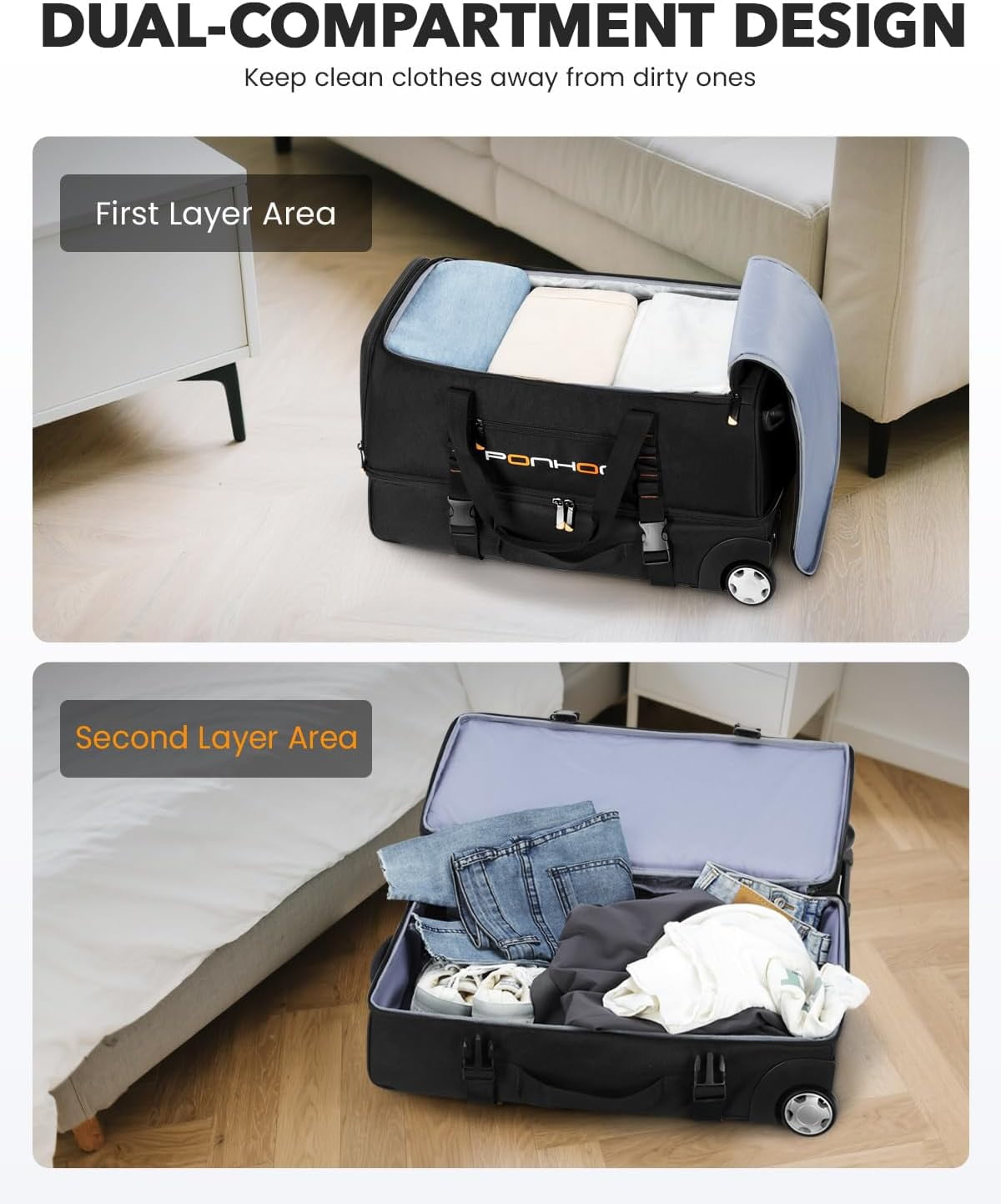 Rolling Duffle Bag with Wheels, 21 Inch Small Travel Duffel Bag with Shoe Compartment, Rolling Wheeled Luggage for Men Women Weekender Overnight Trip, Black