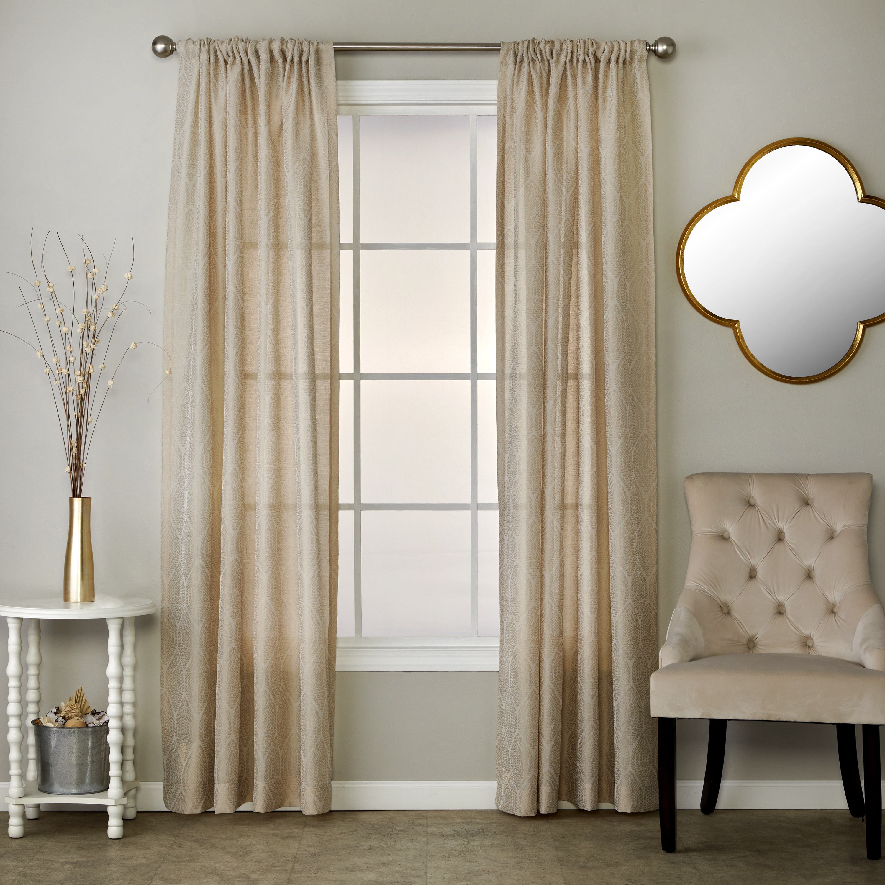 SKL Home Leaf Damask Curtain Panel, Natural, 56x84