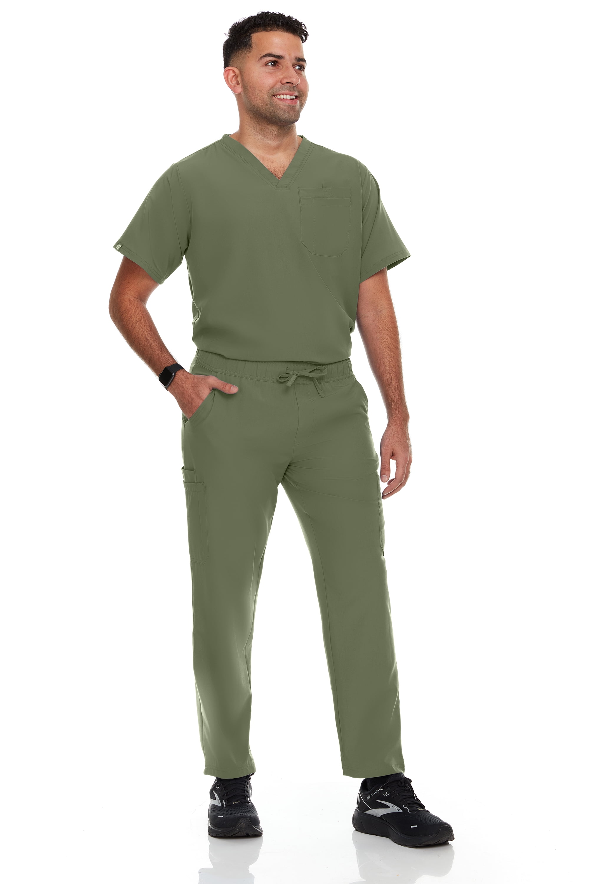 Hey Scrubs Set Men Stretch V-Neck Scrub Top and Six Pocket Tapered Pant Bundle, Elastic Waistband Scrubs for Men