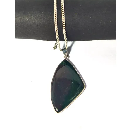 ROYALGEMSTONE Sterling Silver Bloodstone Pendant Necklace, Triangle Cut, Dark Green Crystal