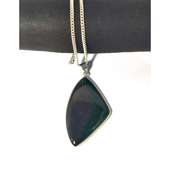 ROYALGEMSTONE Sterling Silver Bloodstone Pendant Necklace, Triangle Cut, Dark Green Crystal