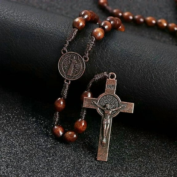 Christ Jesus Wooden Beads 8mm Rosary Bead Cross Car Pendant Woven Rope Chain Necklace Religious Orthodox Praying Jewelry