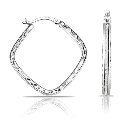 Tilo Jewelry .925 Sterling Silver Square Hand Engraved Glittered Hoop Earrings for Women & Unisex