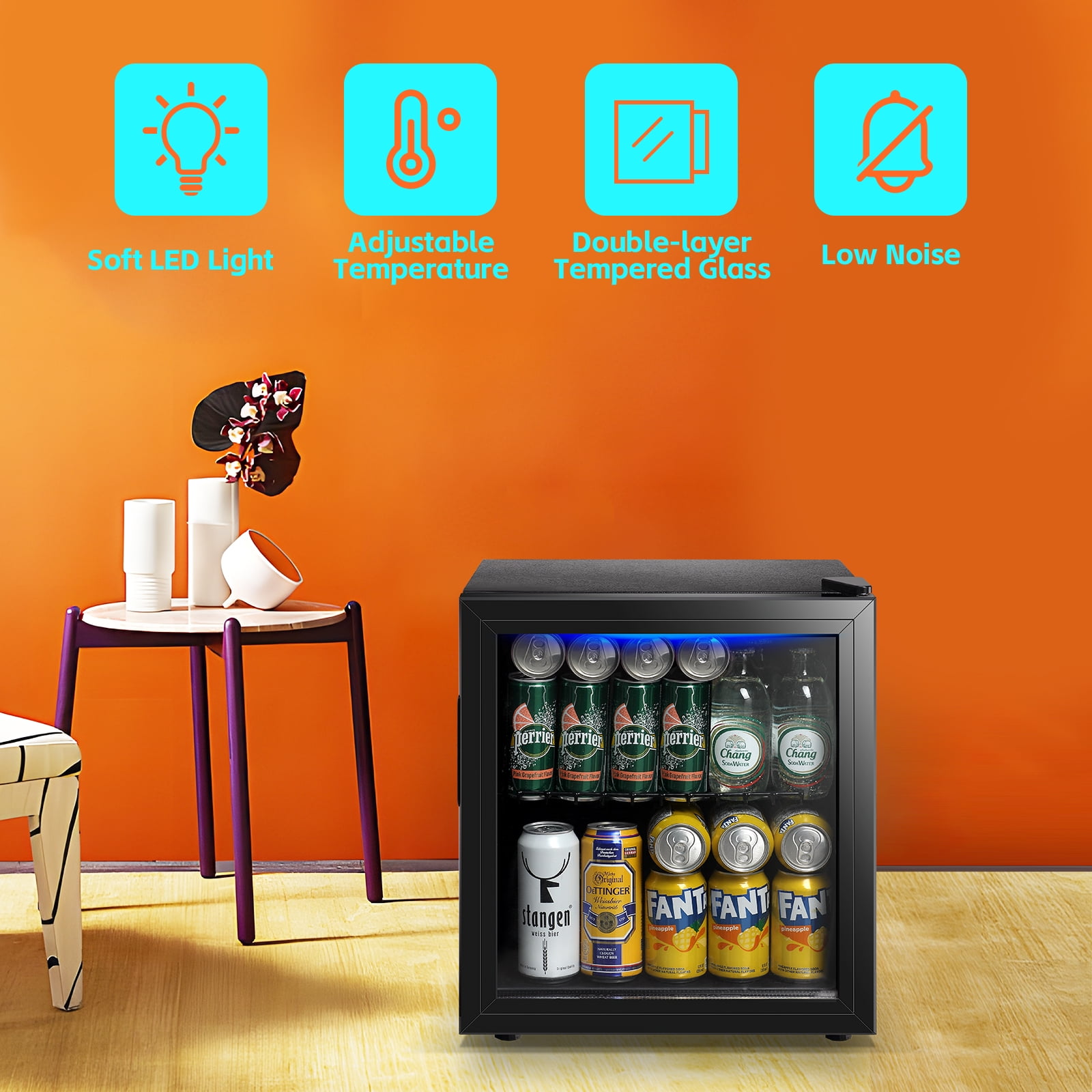 JIEJIA Beverage Refrigerators 58-Can Small Mini Fridge Glass Door, Removable Shelves for Soda Beer or Wine, 1.7 Cu.ft