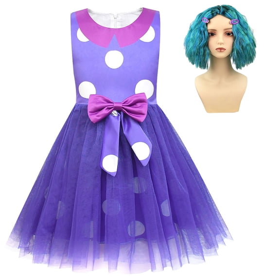 Purple Halloween Costume Dress with Wig Sleeveless White Polka Dot Mesh Tulle Princess Cosplay Party Outfit