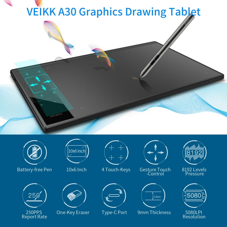 VEIKK A30 V2 Drawing Tablet 10x6 Inch Graphics Tablet with Battery-Free Pen  and 8192 Professional Levels Pressure