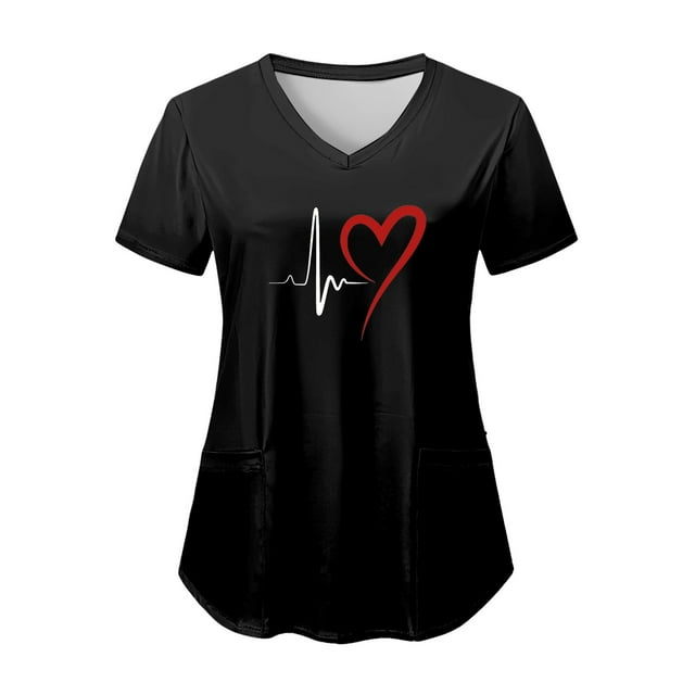 NIEWTR Solid Color V Neck Scrub Tops for Women Stretchy Pattern Print Uniform Tunics with Pockets(Black,L)