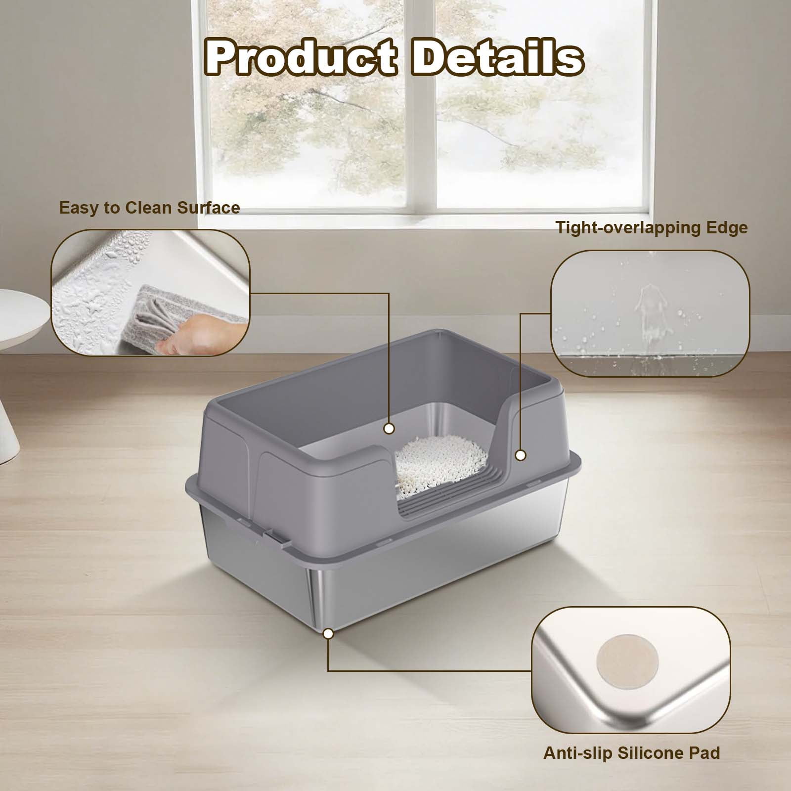 Stainless Steel Cat Litter Box with Lid – Leak-Proof & Scratch-Resistant Litter Box for Large Cats, Includes Anti-Slip Mat & Scoop, Easy to Clean