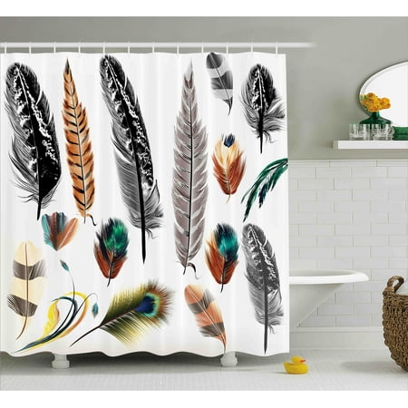 Feather House Decor Shower Curtain, Set of Detailed Big and Small Several Bird Feathers in Vibrant Colors Boho, Fabric Bathroom Set with Hooks, 69W X 75L Inches Long, Multi, by
