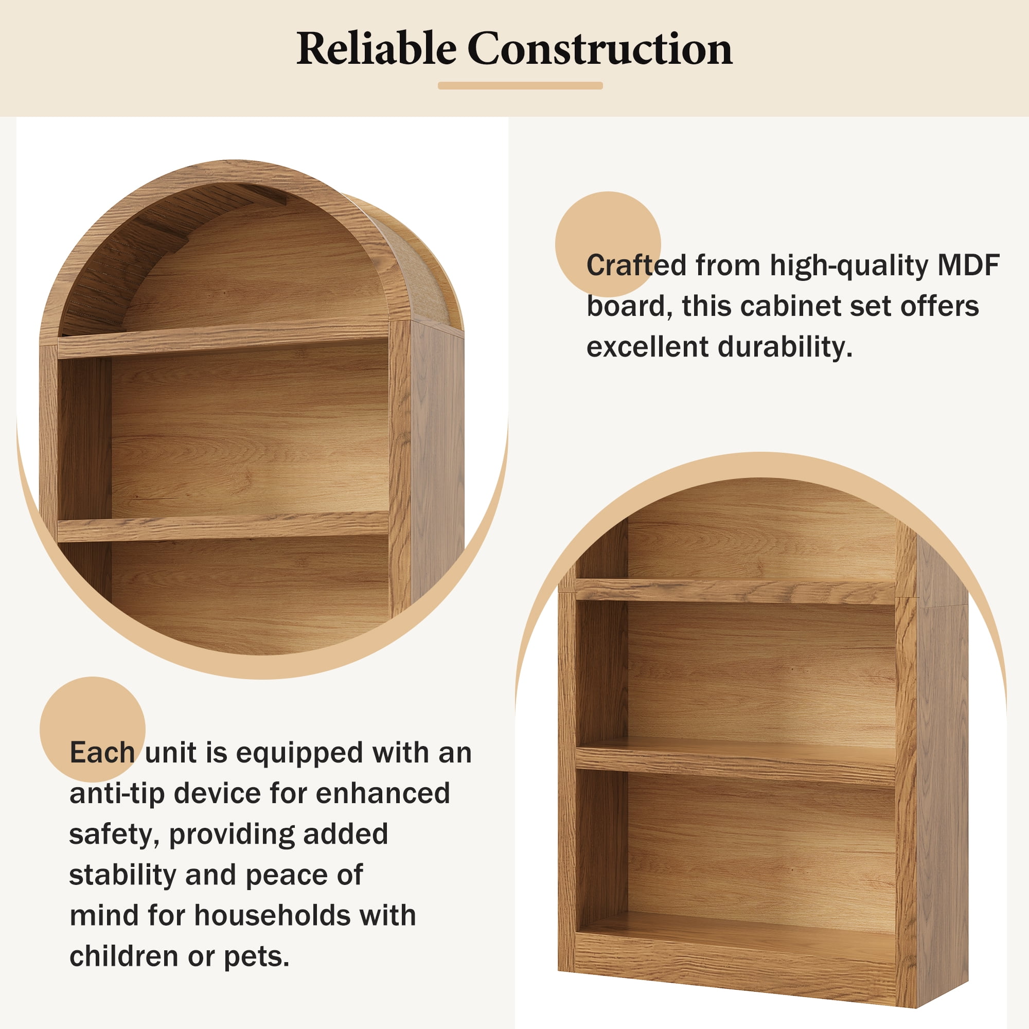 Homy Casa 69" Tall Arched Bookcase Set of 2, Wood Grain 4-Shelf Display Bookshelves, Natural