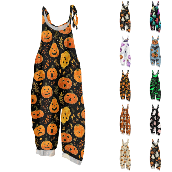 Halloween Jumpsuits for Women Casual Comfy Cotton Linen Lounge Clothes Funny Floral Print Overalls with Pockets