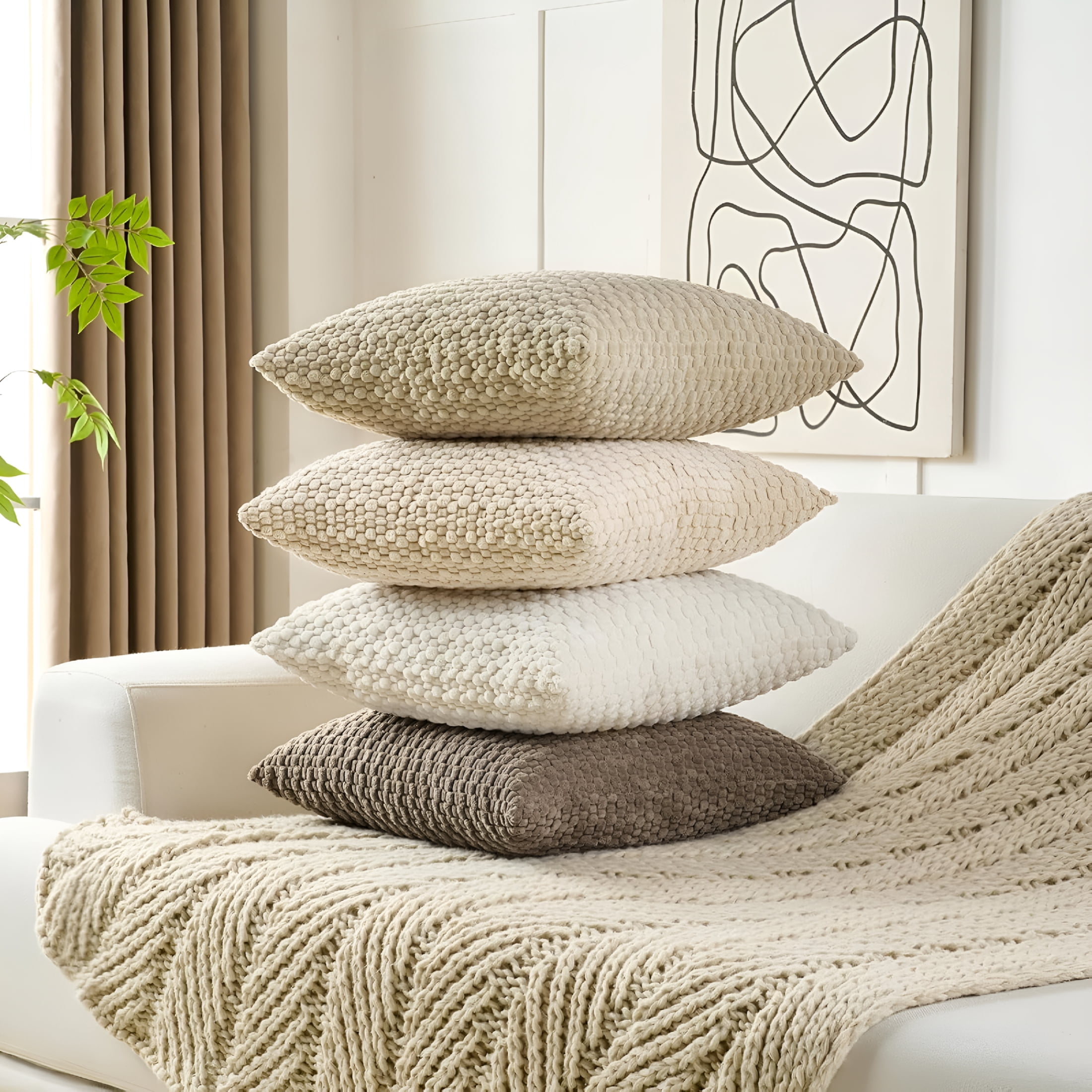 AUQ Throw Pillow Covers 18X18 Set of 4,Super Soft Boho Corduroy Decorative Cushion Cases,Solid Color Plush Texture Pillow Covers for Sofa Couch Chair,Beige Brown Pillow Cases 18X18