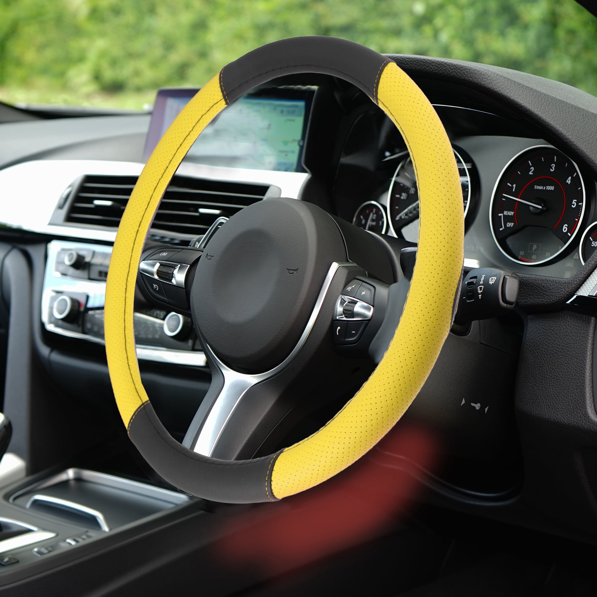 Motoforti Steering Wheel Cover for Car Truck Universal Car Accessories Faux Leather Black Yellow