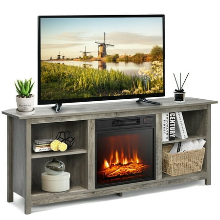 Gymax 58 2 Tier Fireplace TV Stand W 18 Electric Fireplace up