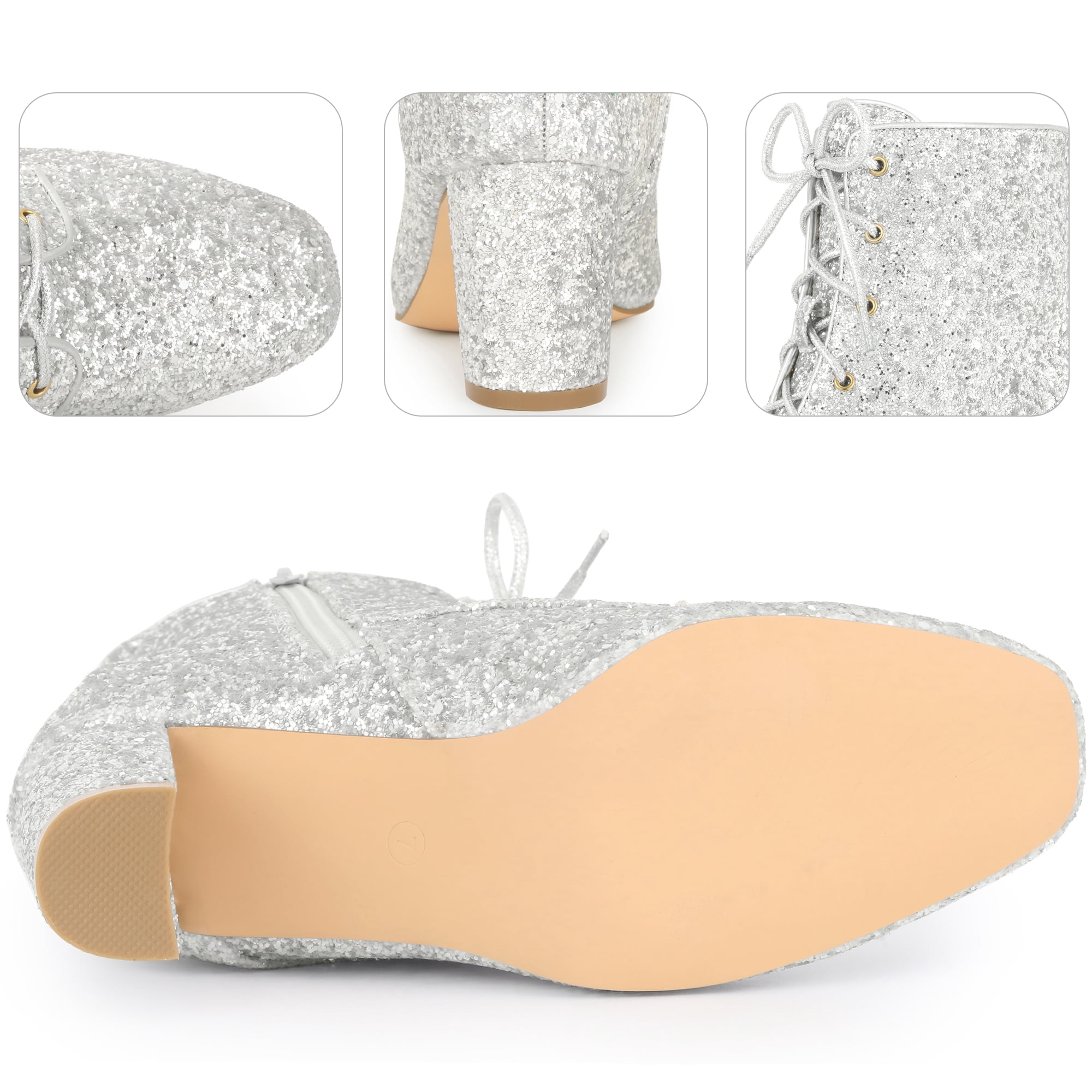 DARING DIVA Women's Square Toe Glitter Block Heels Ankle Boots Silver 9