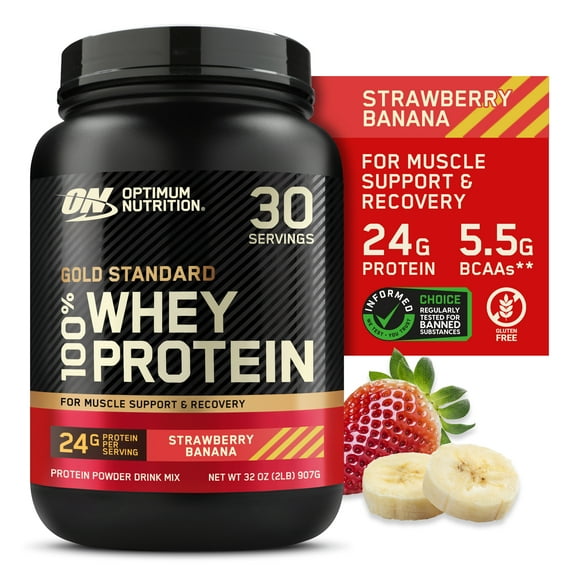 Optimum Nutrition, Gold Standard 100% Whey Protein Powder, 24 g Protein, Strawberry Banana, 2 lb, 30 Servings