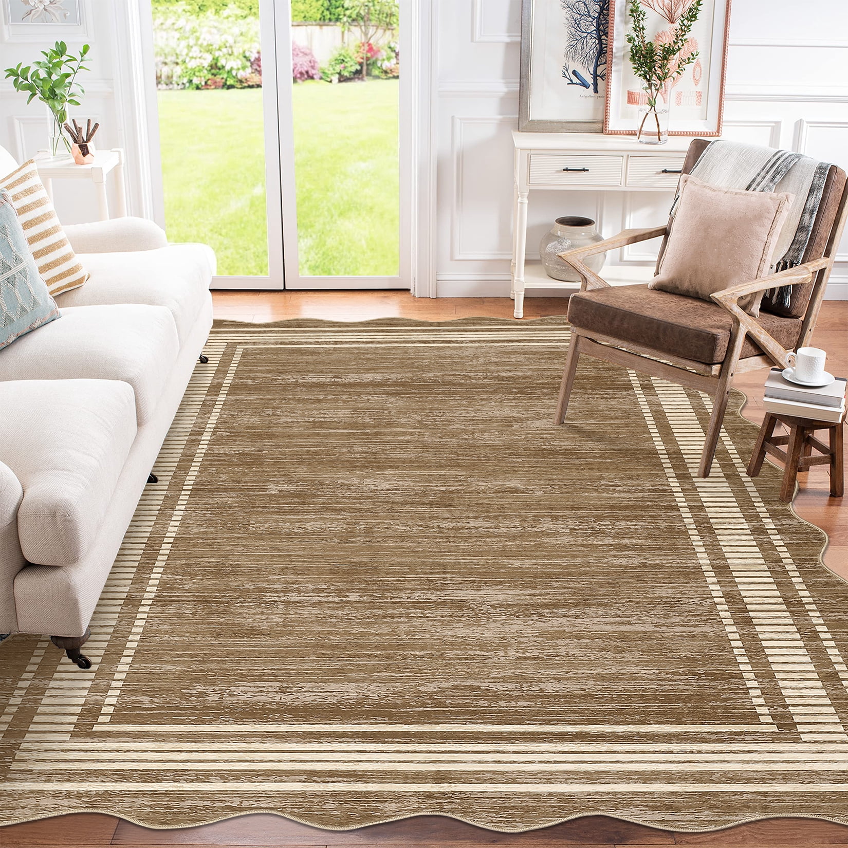 COZONY 9'x12' Modern Scalloped Washable Area Rug, Non-Slip Low-Pile Carpet for Living Room, Bedroom, Camel