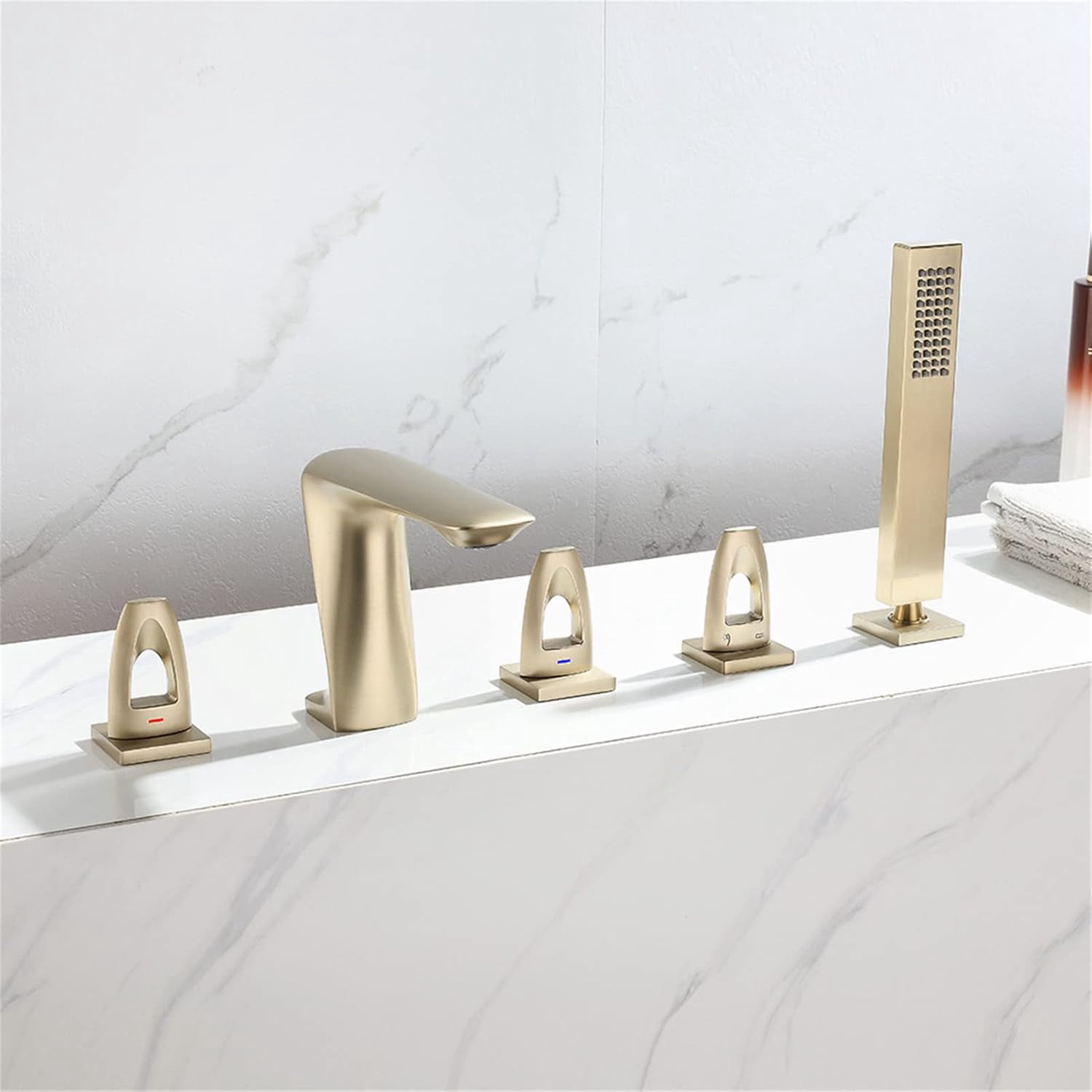 Bathtub Faucet, 5pc Deck Mounted Bath Shower Set Brass Hand Shower Basin Mixer Tap Widespread Tub Sink Faucet