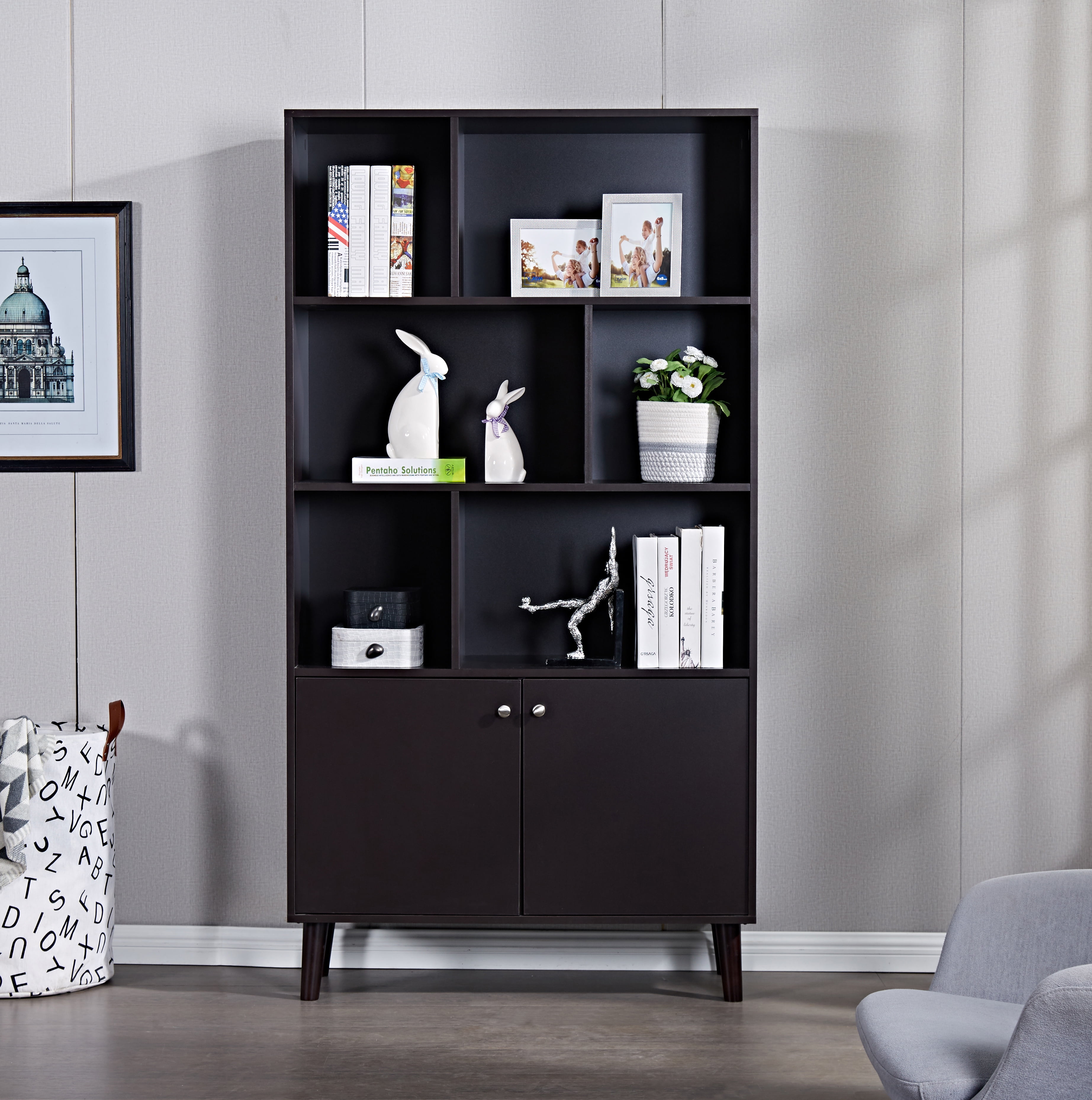 Private Jungle 3-Tier Bookcase Freestanding Bookshelf Wood Storage Display Cabinet with Open Design Shelves and Doors,Coffee Color Private Jungle 3-Tier Bookcase Freestanding Bookshelf Wood Storage Display Cabinet with Open Design Shelves and Doors,Coffee Color