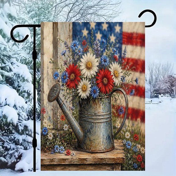 RKSupls Patriotic Linen Double Sided Garden Flag, Independence Day Themed Yard Decor, Galvanized Watering Can Red White Blue Flowers Outdoor Banner for Holiday Lawn