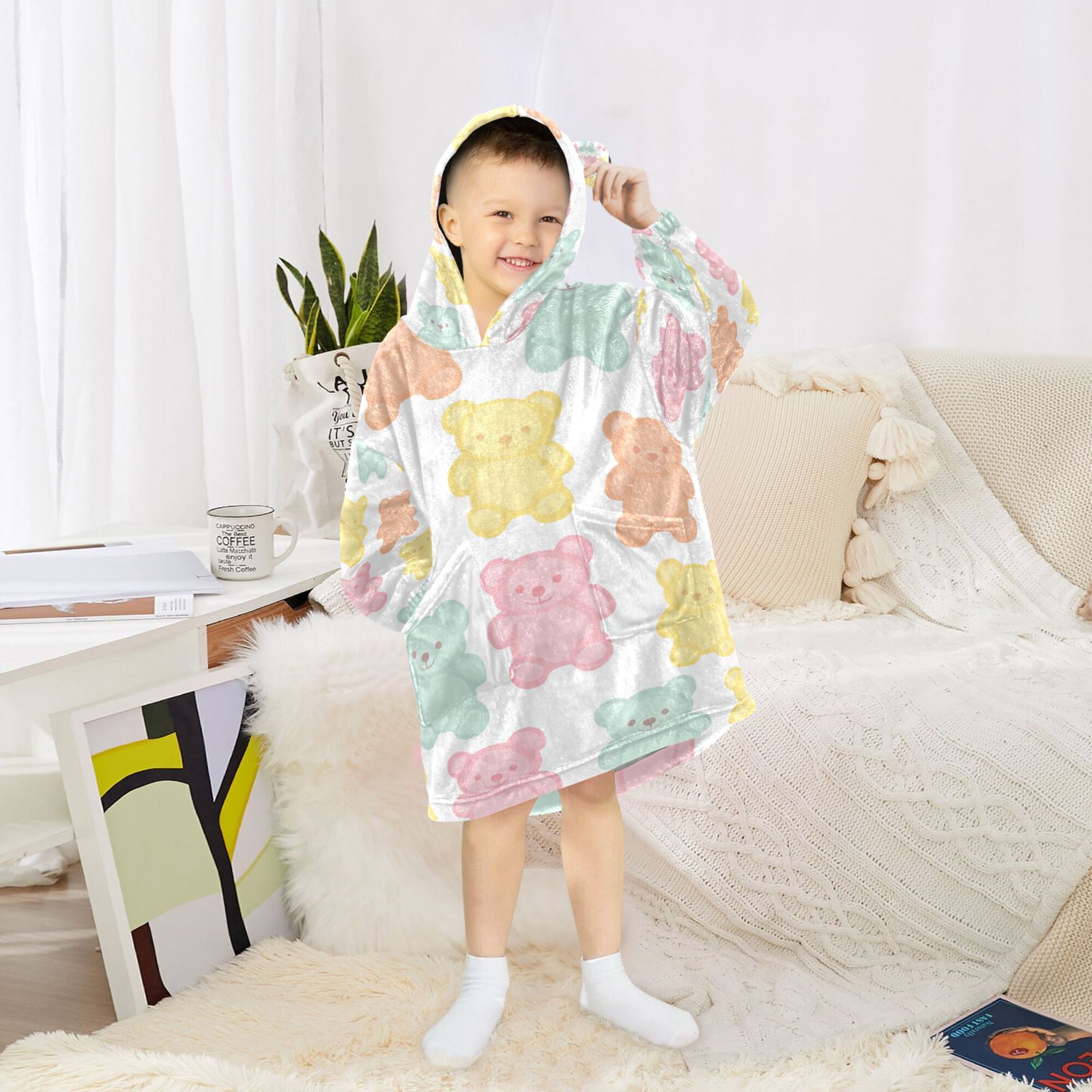 FORMRS Wearable Blanket Hoodie with Sleeves for Kids Cozy Flannel Sweatshirt, Cute Gummy Bears Pattern