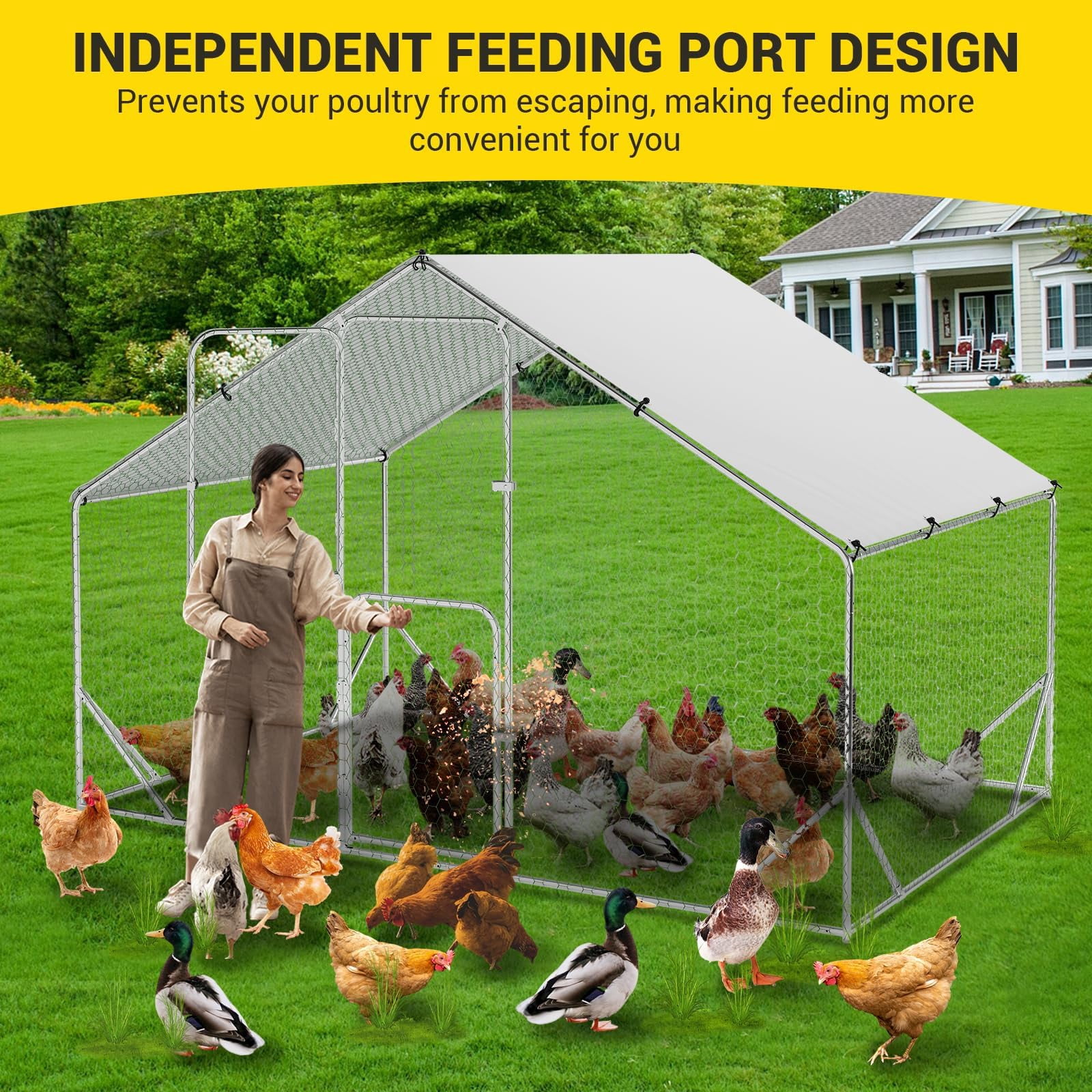 Huisuilinss Large Metal Chicken Coop Poultry Cage With Waterproof Cover Walk-in Metal Poultry Cage Peaked Hen House Chicken Run Pen Dog Kennel Duck Rabbit House For Outdoor Backyard Farm