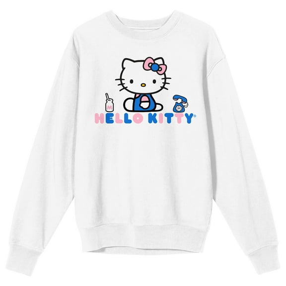 Hello Kitty Phone Graphic Crew Neck Long Sleeve White Fleece Women's Tee-Medium
