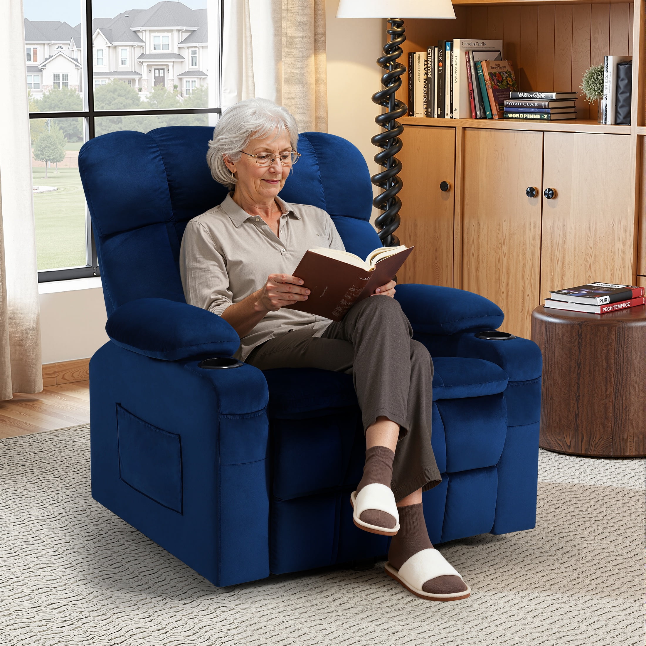 PAPROOS Large Power Lift Recliner Chair with Massage and Heat for Elderly Big and Tall People, Overstuffed Wide Recliners with 2 Cup Holders, Side Pocket for Living Room, Single Sofa, Blue