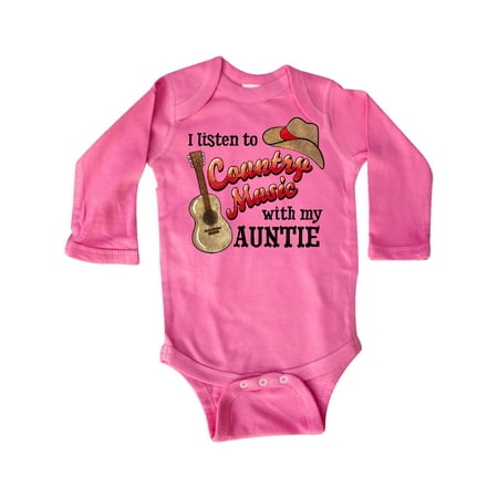 

Inktastic I Listen to Country Music with my Auntie Guitar and Hat Gift Baby Boy or Baby Girl Long Sleeve Bodysuit