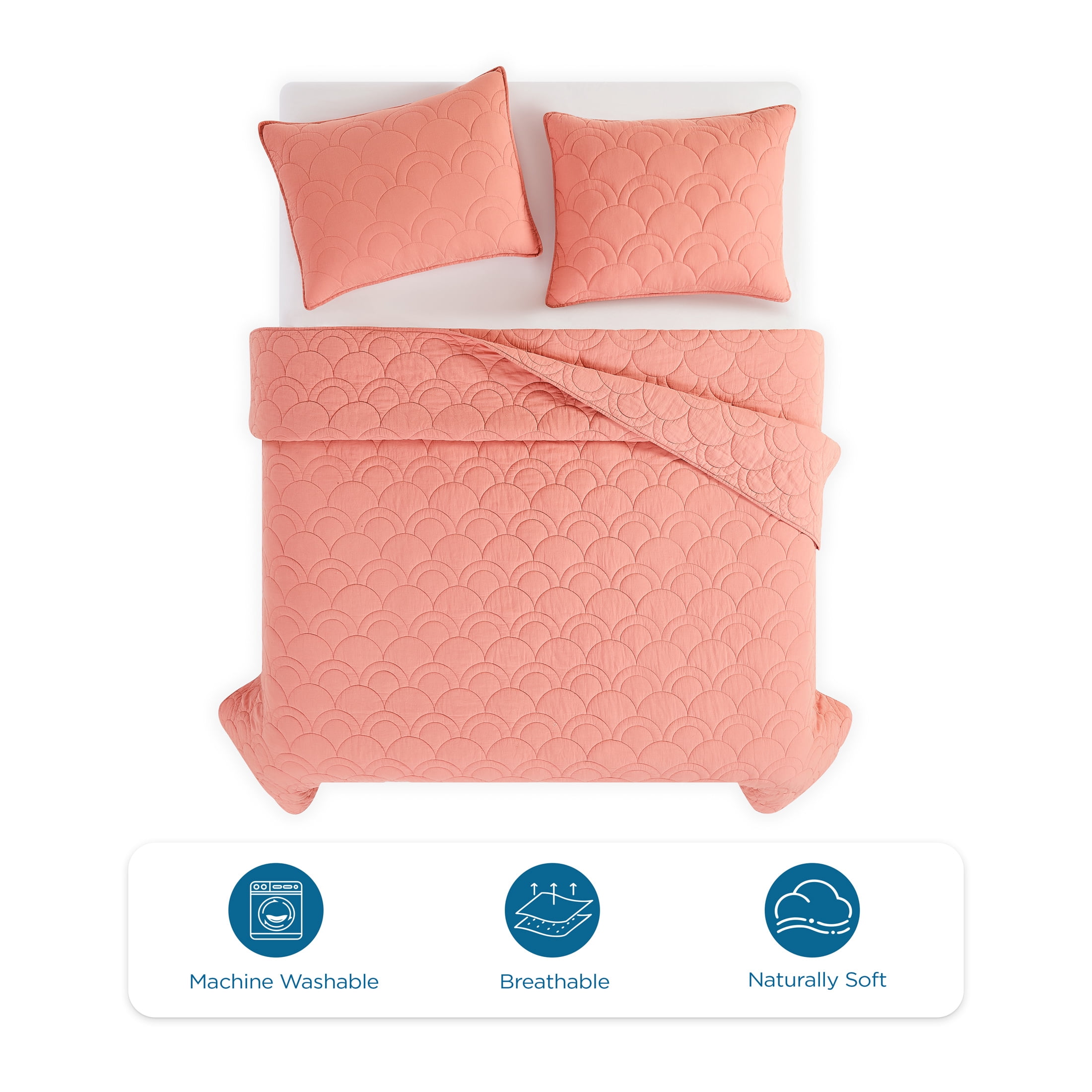 Coastal Living Harbor Scallop Stitch 3-Piece Quilt Set, King, Coral, 100% Cotton Bedding