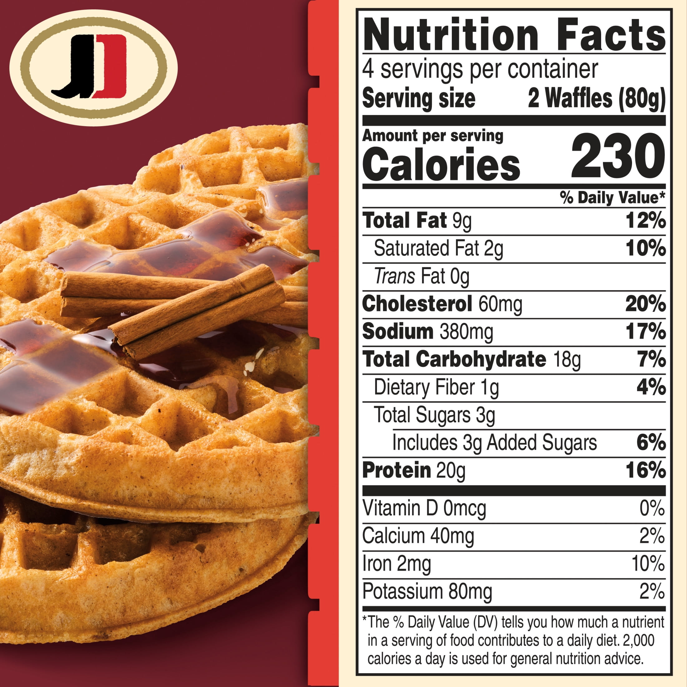 Jimmy Dean Protein Cinnamon Waffles, Fully Cooked Breakfast, 11.28 oz, 8 Count (Frozen)