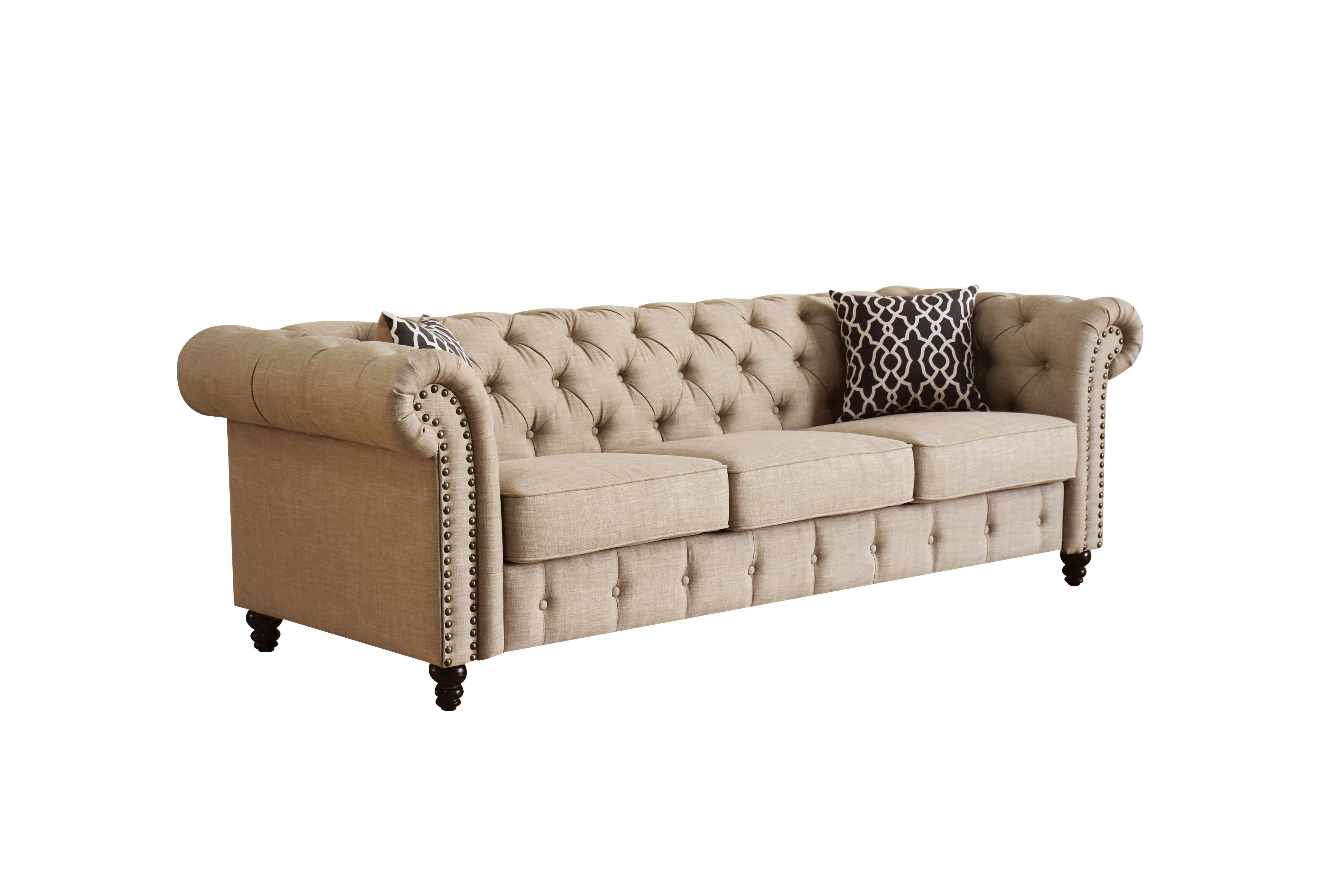 ACME Aurelia Tufted Sofa with 2 Pillows in Beige Linen